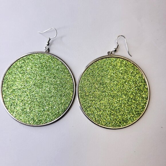 Green Glitter Round Earrings - Picture 1 of 4